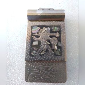 Vintage Alpaca Mexico Silver Engraved Money Clip w/inset Mother-of-Pearl/Abalone